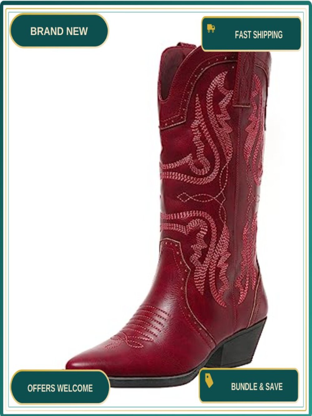 Women's Cowboy Boots Mid Calf Chunky Heel Snip Toe PU Leather Western